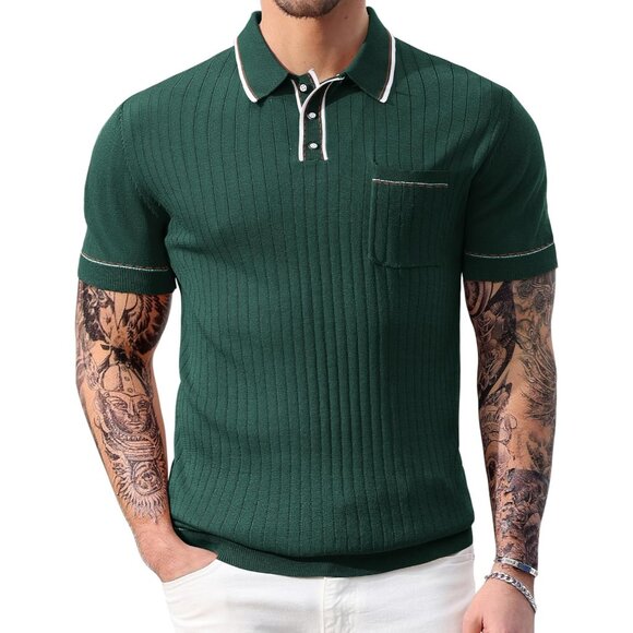 Men's Green Short Sleeve Knitted Polo Shirts Vintage Button Up Summer - Picture 1 of 6